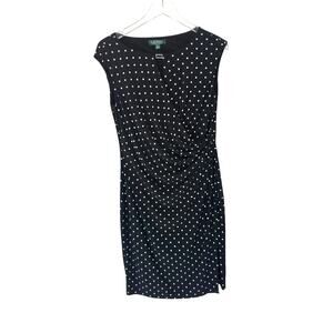 Ralph Lauren Women's Black White Polka Dot Ruched Sleeveless Dress Size‎ 12